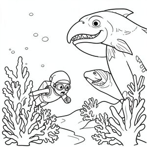 A diver hiding behind coral watching the giant sea creatures.