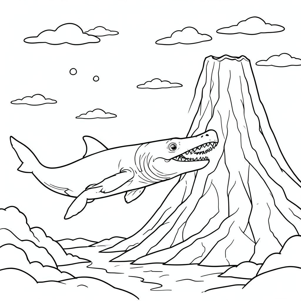 Megalodon and Mosasaurus swimming past an underwater volcano.