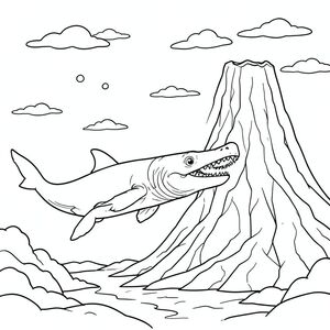 Megalodon and Mosasaurus swimming past an underwater volcano.