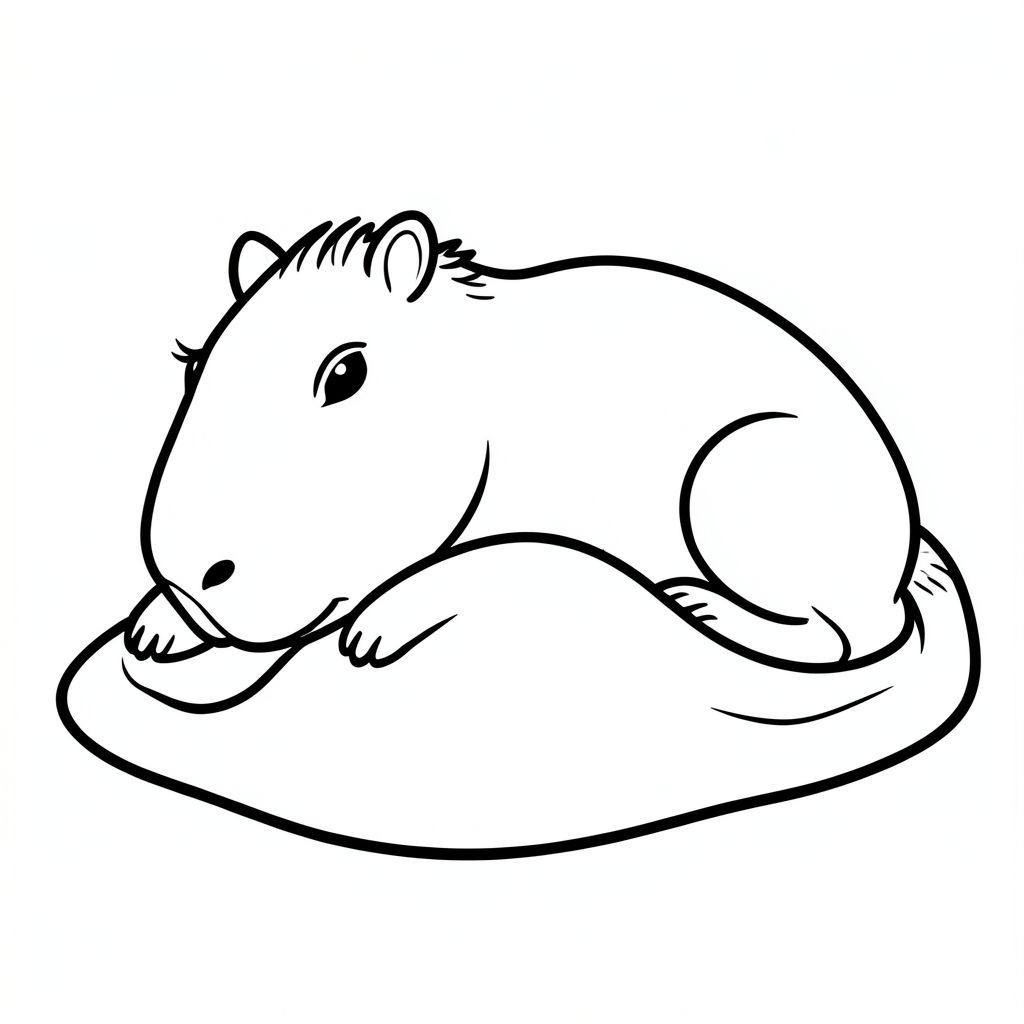 cute capybara sleeping under blanket, coloring book page, clean bold line art, thick outlines, black and white, no shading, no gray, white background