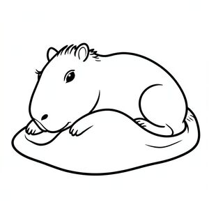 cute capybara sleeping under blanket, coloring book page, clean bold line art, thick outlines, black and white, no shading, no gray, white background