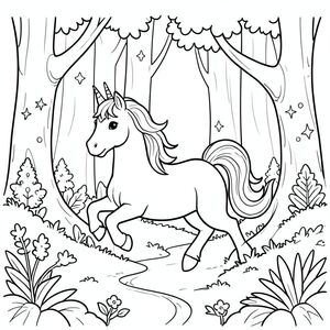 Unicorn running through a magical forest, black and white line art”

