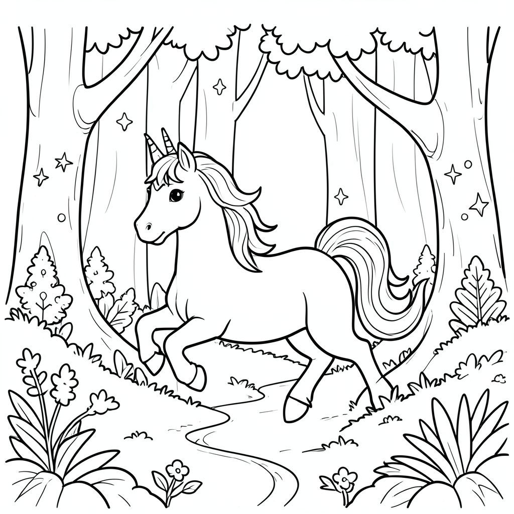 Unicorn running through a magical forest, black and white line art”

