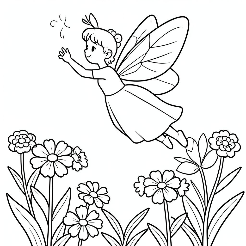 Fairy flying above flowers, simple cartoon outline for children coloring”

