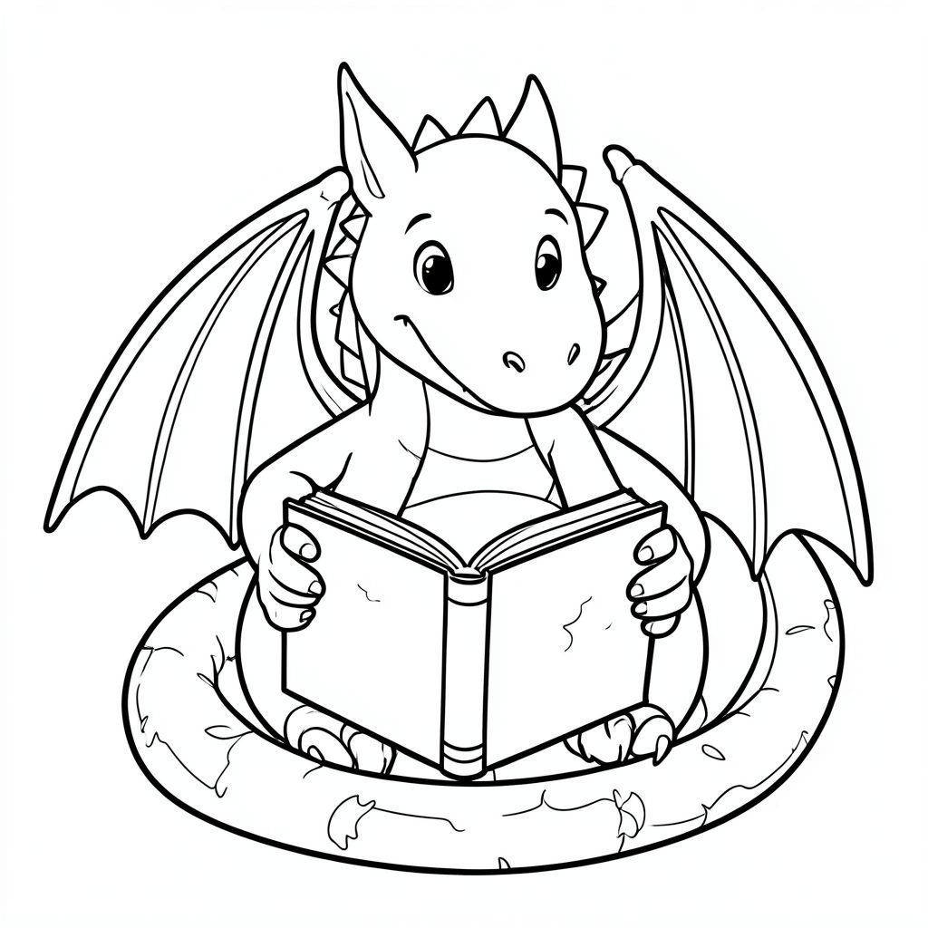Dragon reading a storybook, black and white line drawing for kids”