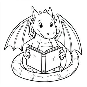 Dragon reading a storybook, black and white line drawing for kids”