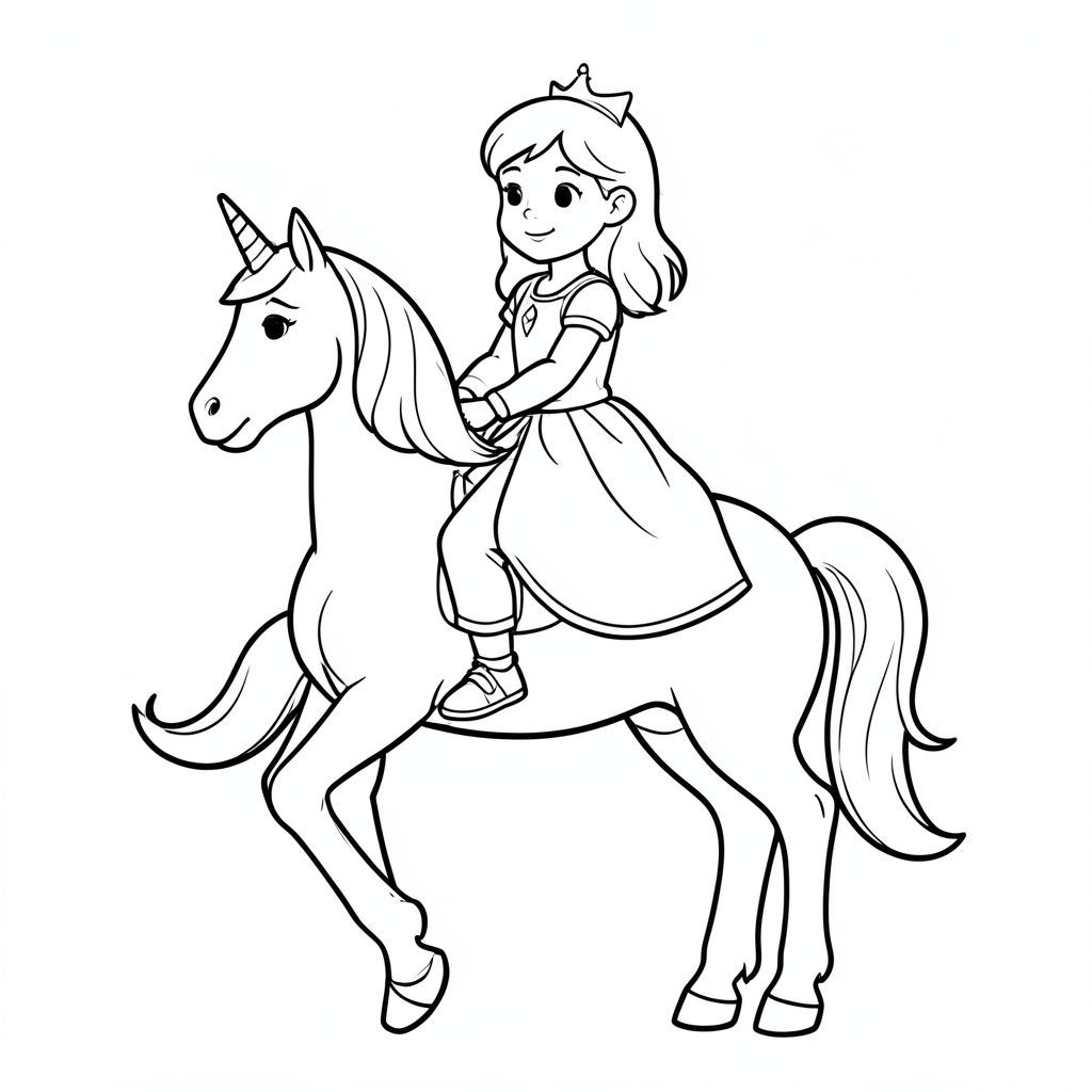 Princess riding a unicorn, simple line art for coloring page”


