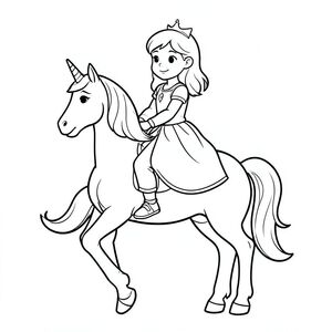 Princess riding a unicorn, simple line art for coloring page”

