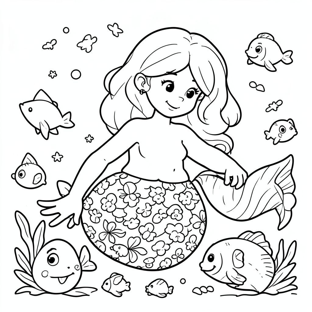 Mermaid playing with sea creatures, cartoon style line art”