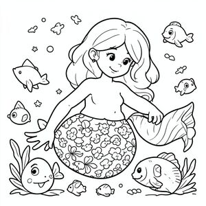 Mermaid playing with sea creatures, cartoon style line art”