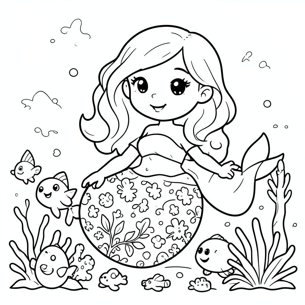 Cute Mermaid playing with sea creatures, cartoon style line art”