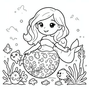 Cute Mermaid playing with sea creatures, cartoon style line art”