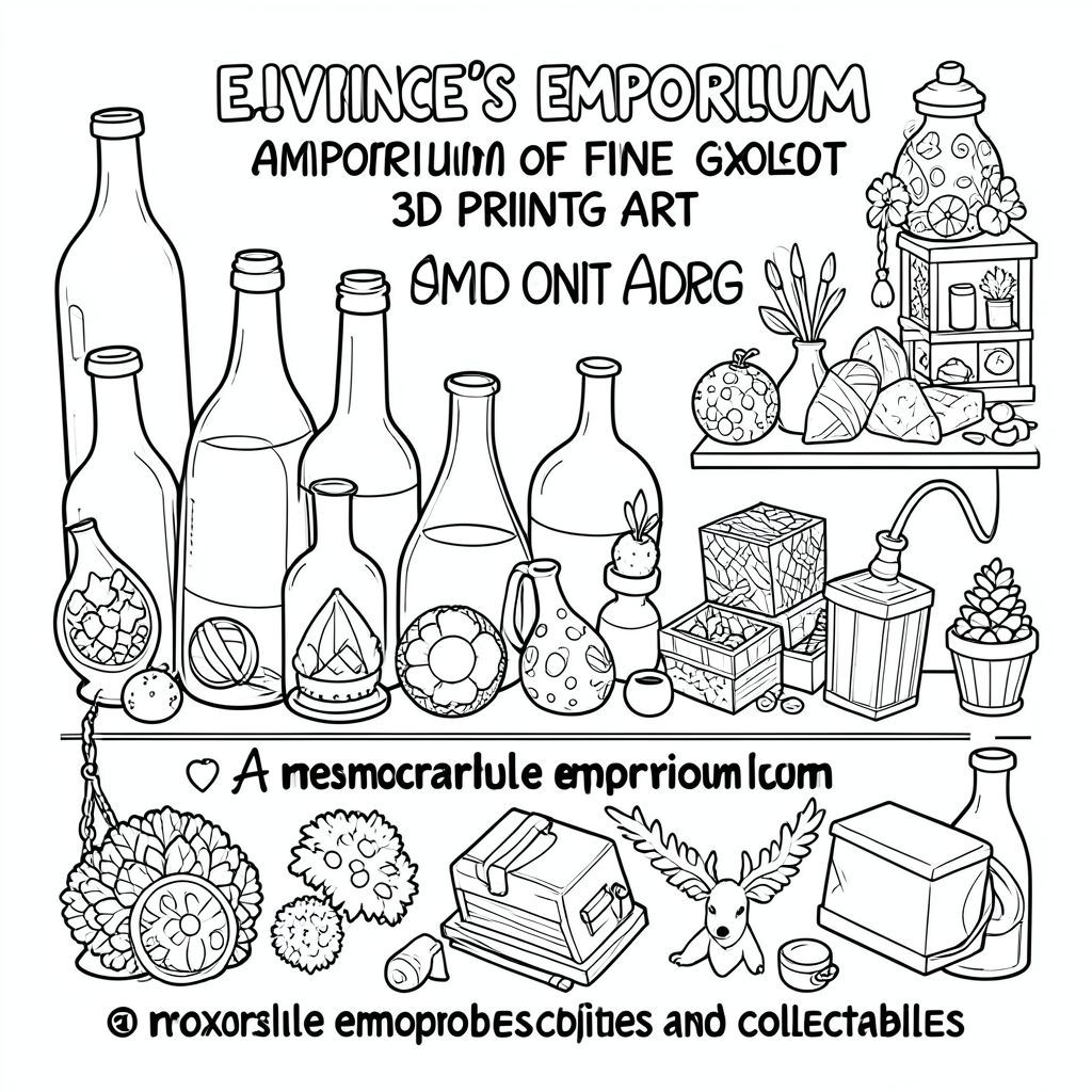 E.Irvine’s Emporium of Fine Goods a place with bottles and A remarkable emporium of eclectic 3D printed art, items, and other oddities and collectables.