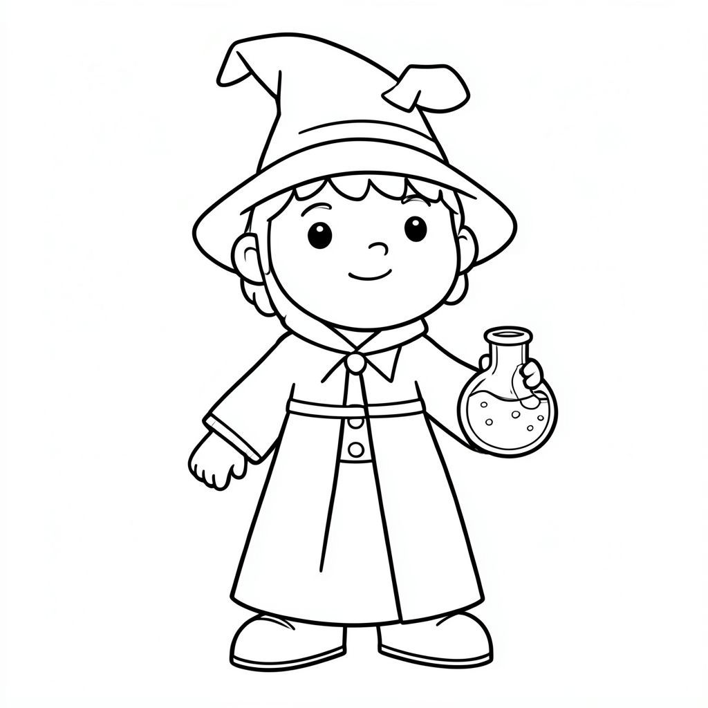 Wizard with a potion bottle, black and white outline for kids”