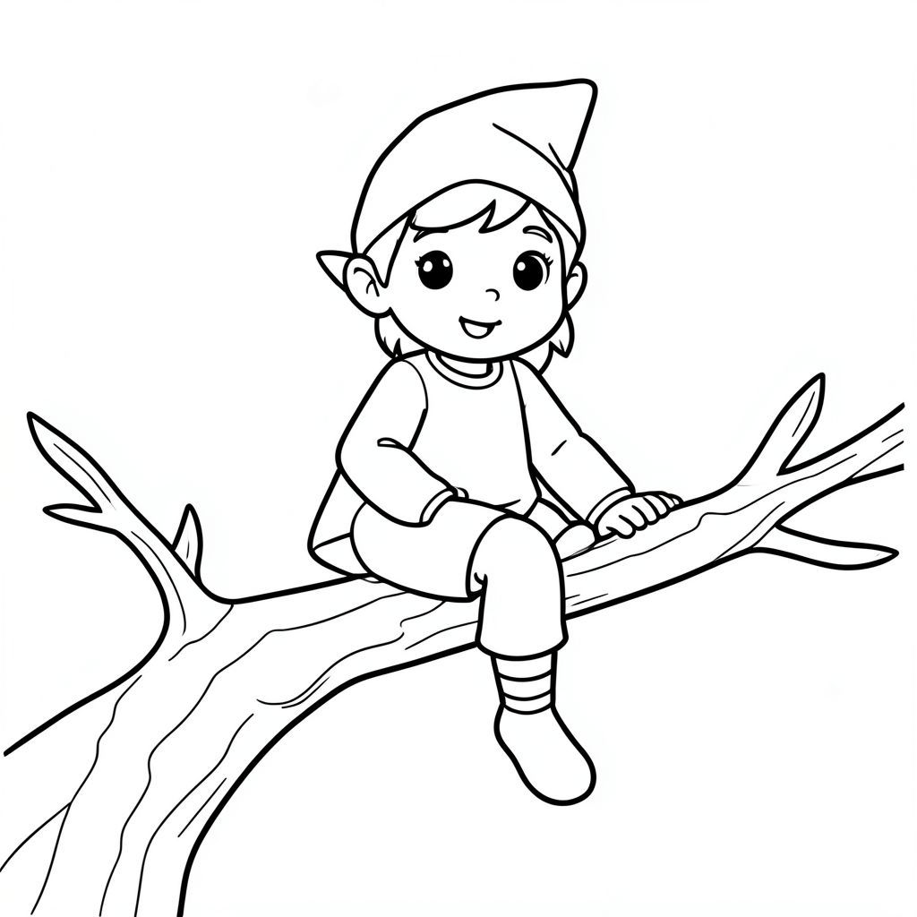 Elf sitting on a tree branch, simple cartoon line art for coloring”

