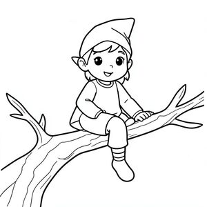 Elf sitting on a tree branch, simple cartoon line art for coloring”


