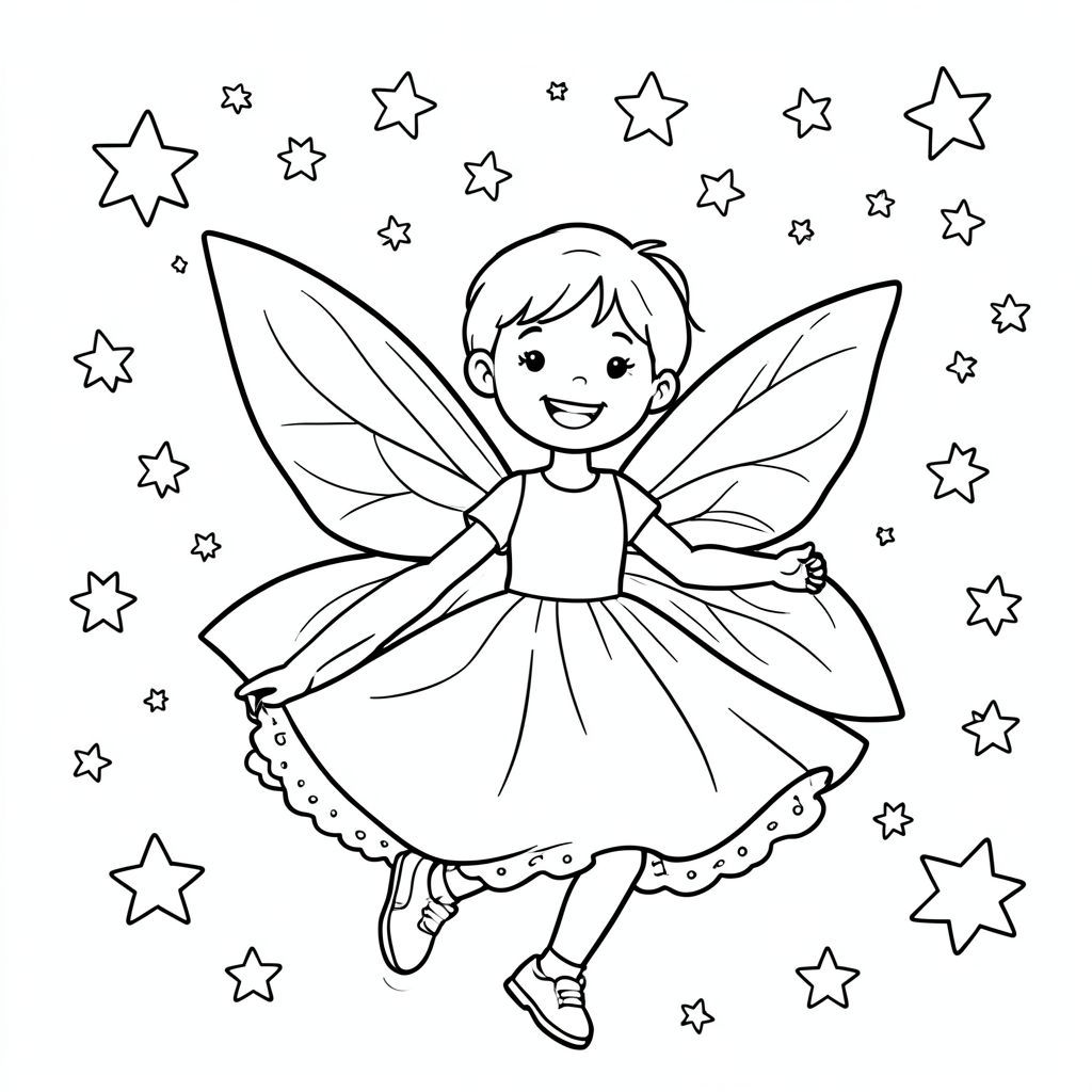 Happy fairy dancing among stars, black and white coloring page”