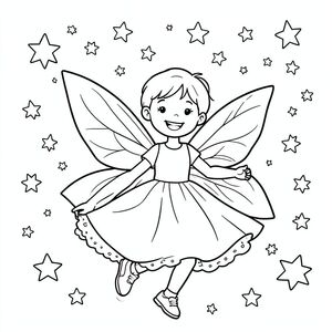 Happy fairy dancing among stars, black and white coloring page”