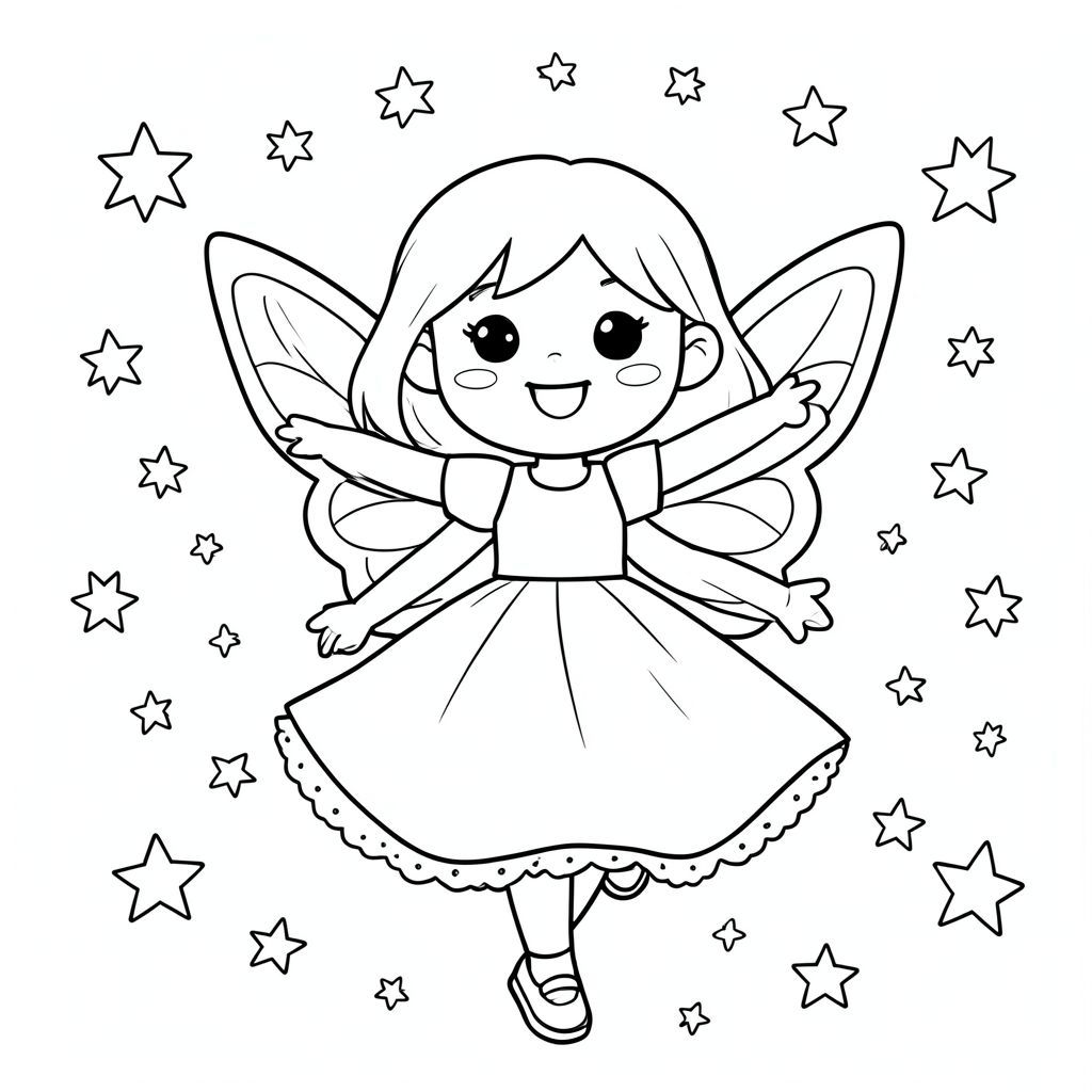 Happy cute girl  fairy dancing among stars, black and white coloring page”