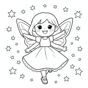 Happy cute girl  fairy dancing among stars, black and white coloring page”