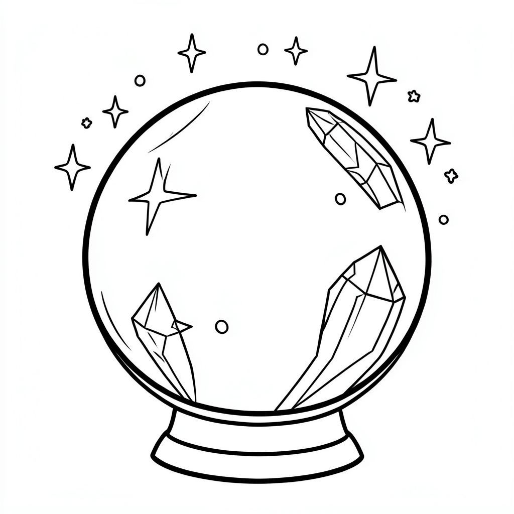 Magic crystal ball with sparkles, simple outline for kids coloring”