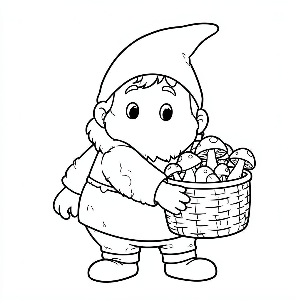 Gnome carrying a basket of mushrooms, cartoon line art for children”