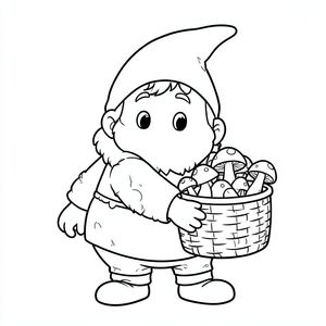 Gnome carrying a basket of mushrooms, cartoon line art for children”