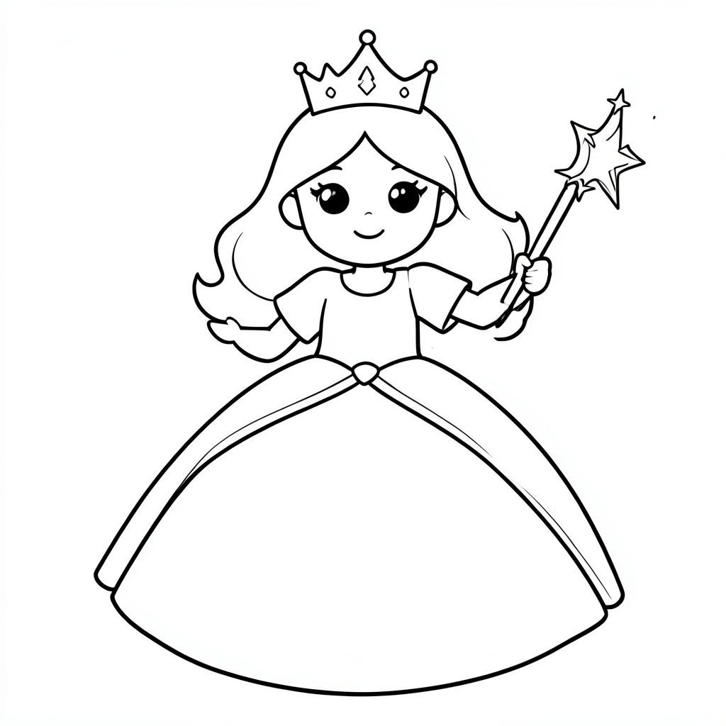 Princess with a crown and magic wand, black and white outline”