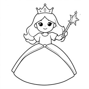 Princess with a crown and magic wand, black and white outline”