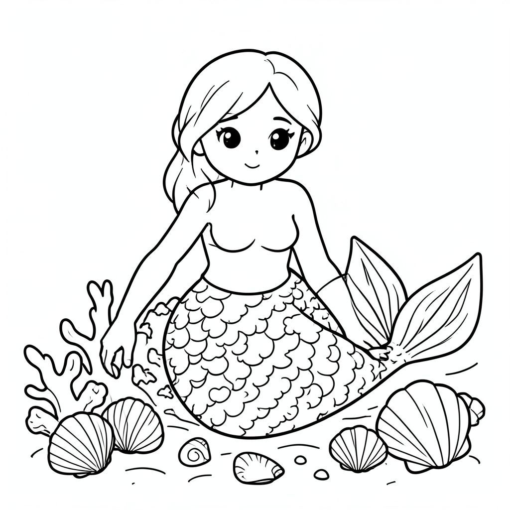 Mermaid collecting seashells, simple cartoon line art for coloring”