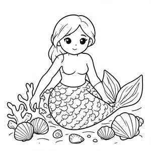 Mermaid collecting seashells, simple cartoon line art for coloring”
