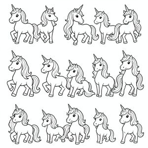cute unicorn coloring page for kids with thick outline of the image, one image in a page only. create 30 different unique images with high resolution and white background