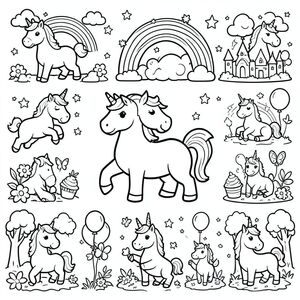 Create a 30-page unicorn coloring book for kids. Each page should feature one large, cute unicorn illustration centered on the page. The drawings must have thick bold outlines, simple shapes, and minimal details so they are easy to color. Style should be kawaii / cartoon style, child-friendly and adorable.

Include fun scenes such as unicorns with rainbows, stars, clouds, flowers, castles, cupcakes, balloons, butterflies, and magical forests. Each page should have a different pose or activity (flying unicorn, sleeping unicorn, dancing unicorn, unicorn with rainbow, unicorn in garden, etc.).

Requirements:
- Black and white line art only
- Thick, bold outlines
- Clean white background
- No shading, no grayscale
- Large central illustration
- High resolution
- 8.5 x 11 inch page size
- Print-ready
- Kid-friendly style for ages 3–8
- Consistent coloring book style across all 30 pages