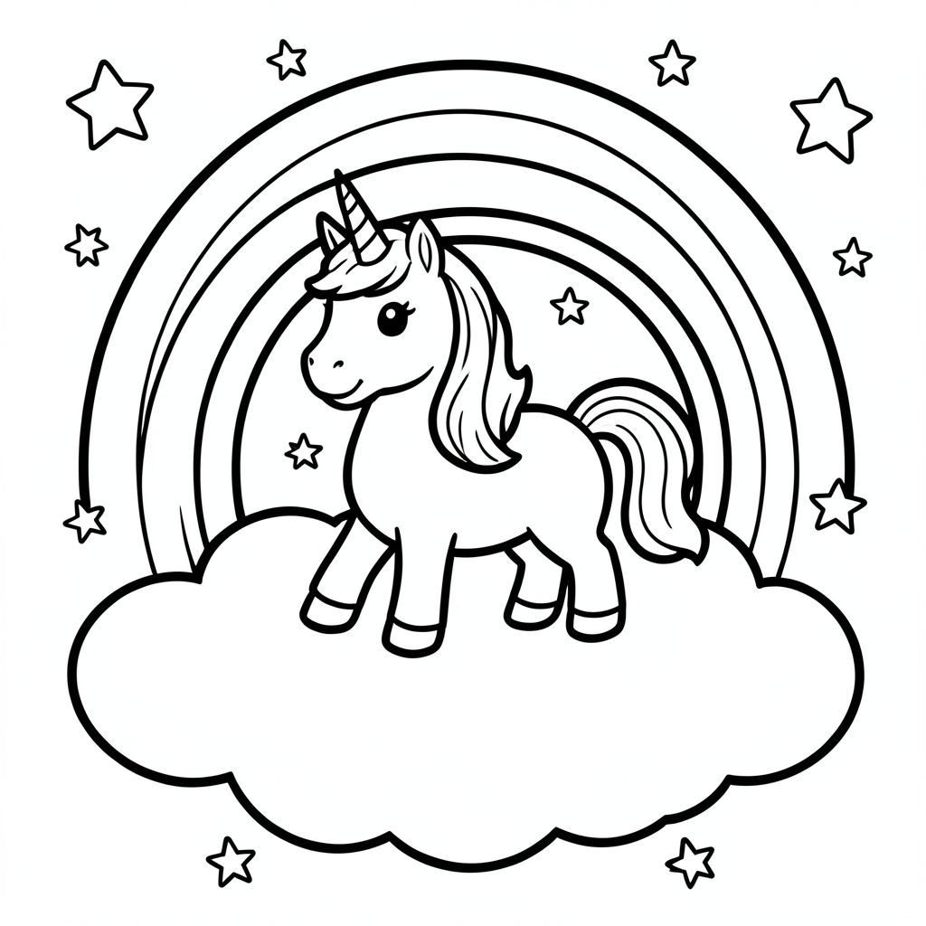 Cute unicorn standing on a fluffy cloud with a big rainbow behind it, smiling magical unicorn, stars around it, black and white coloring book line art, thick bold outlines, simple shapes, white background, large centered illustration, high resolution. “black and white coloring book line art, thick bold outlines, simple shapes, no shading, white background, large centered illustration, vector style, high resolution, 8.5x11 coloring page.”
