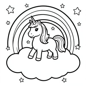 Cute unicorn standing on a fluffy cloud with a big rainbow behind it, smiling magical unicorn, stars around it, black and white coloring book line art, thick bold outlines, simple shapes, white background, large centered illustration, high resolution. “black and white coloring book line art, thick bold outlines, simple shapes, no shading, white background, large centered illustration, vector style, high resolution, 8.5x11 coloring page.”
