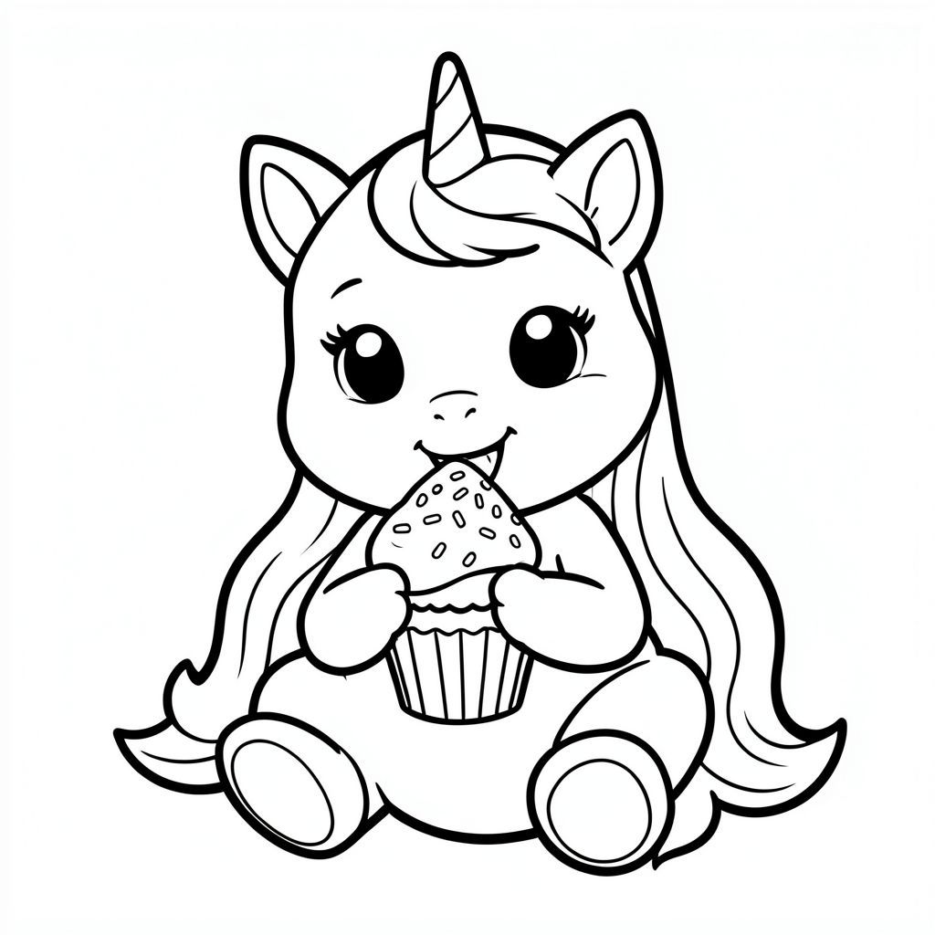 Adorable baby unicorn sitting and eating a cupcake with sprinkles, happy expression, black and white coloring page line art, thick bold outlines, simple shapes, white background.