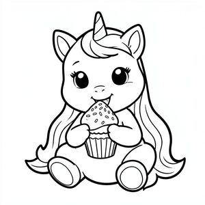 Adorable baby unicorn sitting and eating a cupcake with sprinkles, happy expression, black and white coloring page line art, thick bold outlines, simple shapes, white background.