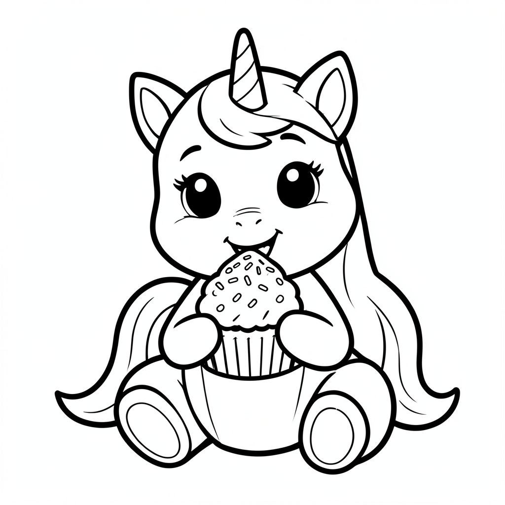 Adorable baby unicorn sitting and eating a cupcake with sprinkles, happy expression, black and white coloring page line art, thick bold outlines, simple shapes, white background. “black and white coloring book line art, thick bold outlines, simple shapes, no shading, white background, large centered illustration, vector style, high resolution, 8.5x11 coloring page.”