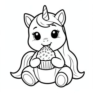 Adorable baby unicorn sitting and eating a cupcake with sprinkles, happy expression, black and white coloring page line art, thick bold outlines, simple shapes, white background. “black and white coloring book line art, thick bold outlines, simple shapes, no shading, white background, large centered illustration, vector style, high resolution, 8.5x11 coloring page.”