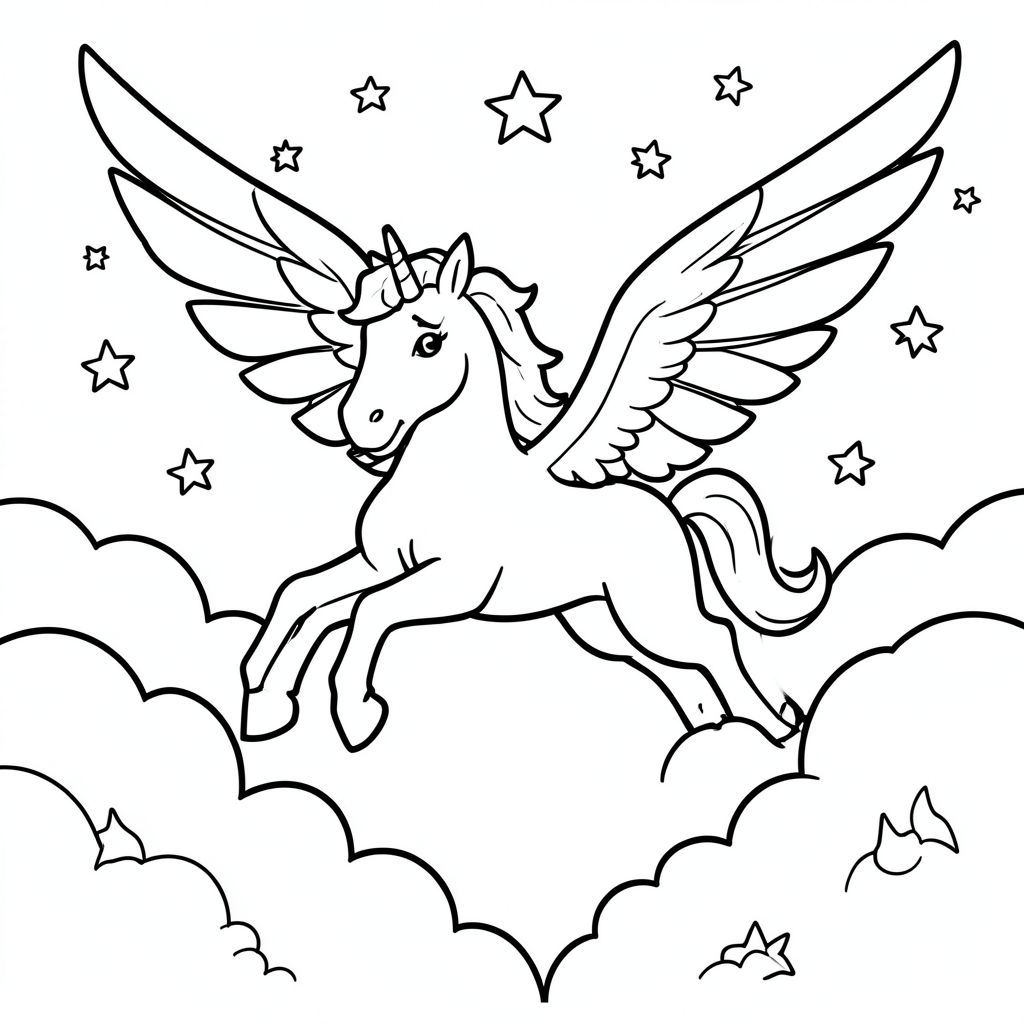 Flying unicorn with big wings soaring above clouds and stars, magical fantasy scene, coloring book style line art, thick outlines, simple shapes, white background.