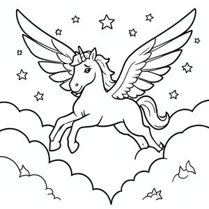 Flying unicorn with big wings soaring above clouds and stars, magical fantasy scene, coloring book style line art, thick outlines, simple shapes, white background.