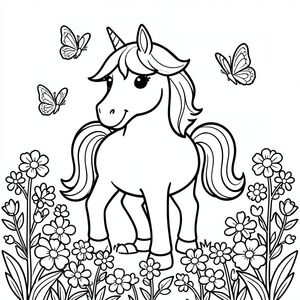 Unicorn standing in a flower garden with butterflies flying around, smiling unicorn, black and white coloring book line art, thick outlines, simple shapes.