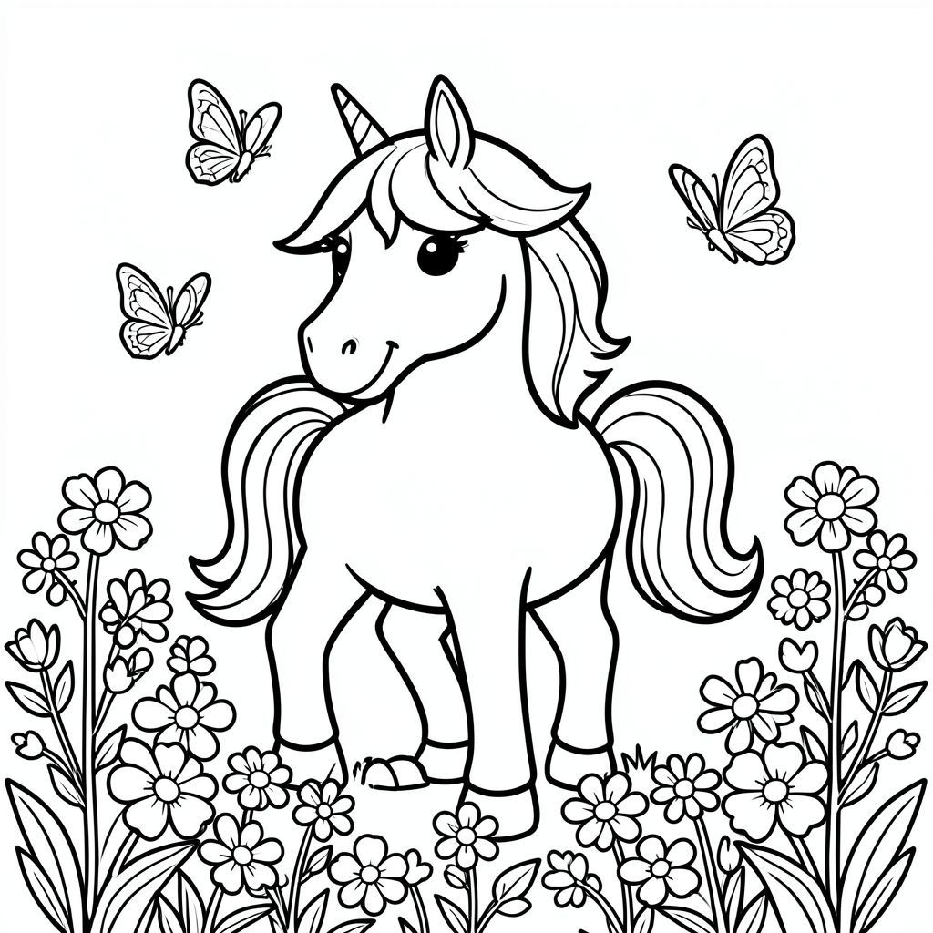 Unicorn standing in a flower garden with butterflies flying around, smiling unicorn, black and white coloring book line art, thick outlines, simple shapes.