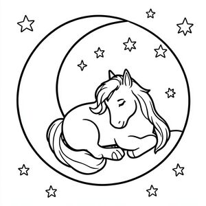 Sleeping unicorn on a crescent moon with stars in the sky, peaceful magical scene, kids coloring page line art, thick outlines, white background.