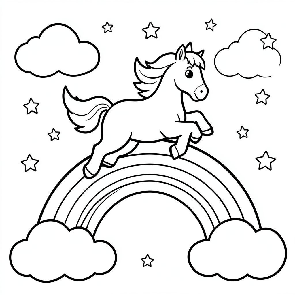Happy unicorn jumping over a rainbow, clouds and stars around, cute cartoon style, coloring book line art, thick outlines.