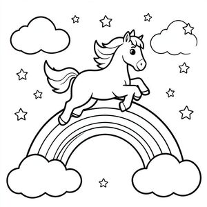 Happy unicorn jumping over a rainbow, clouds and stars around, cute cartoon style, coloring book line art, thick outlines.