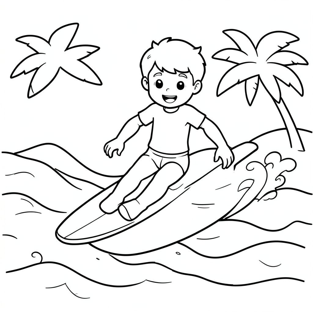 I'm creating a color book for kids adventures on the beach create me a coloring picture of surfing