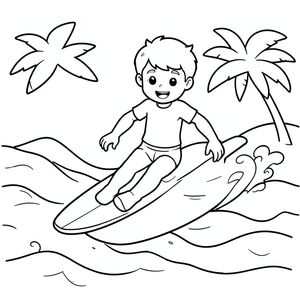 I'm creating a color book for kids adventures on the beach create me a coloring picture of surfing