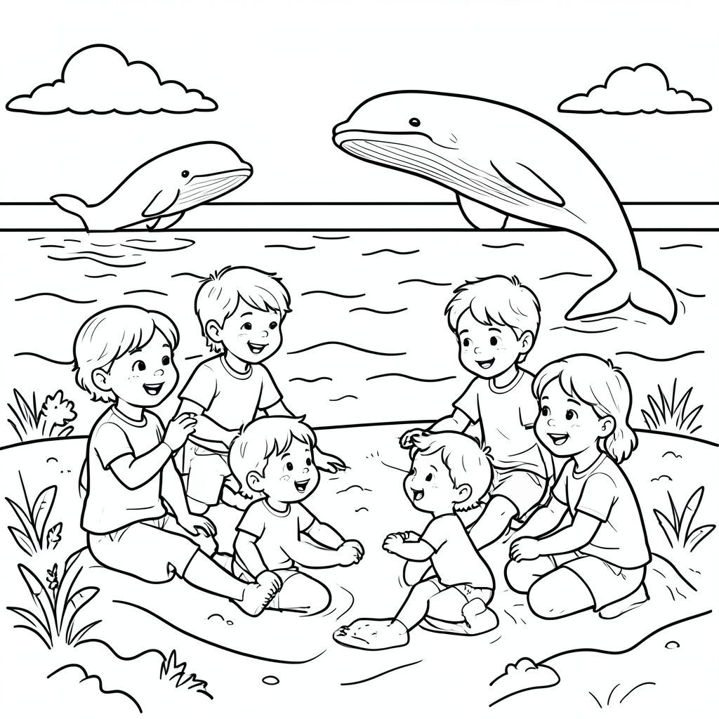 Create me a coloring picture of kids playing in the see with whales in the back ground
