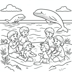 Create me a coloring picture of kids playing in the see with whales in the back ground